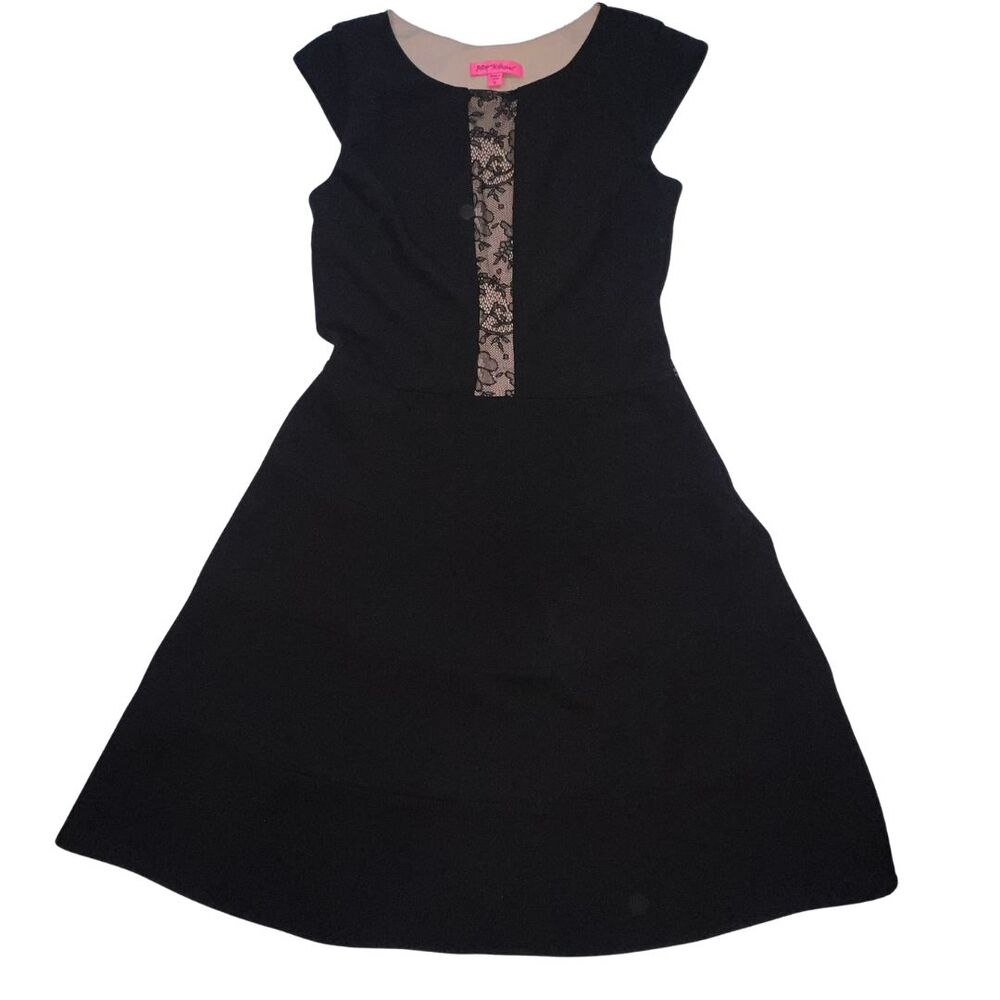 Betsy Johnson Cocktail Dress 10 Black Floral Lace Cap Sleeve Asymmetrical Flare - Picture 7 of 11
